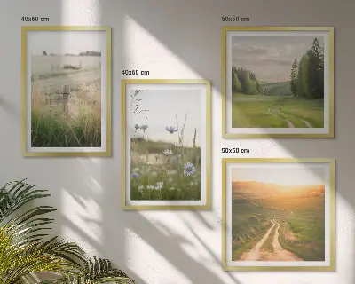 Landschappen met natuur en velden bij zonsondergang meerluik in lijst
