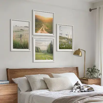 Landschappen met natuur en velden bij zonsondergang meerluik in lijst