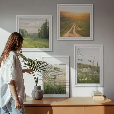 Landschappen met natuur en velden bij zonsondergang meerluik in lijst