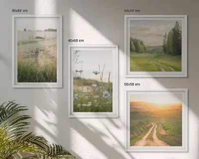 Landschappen met natuur en velden bij zonsondergang meerluik in lijst