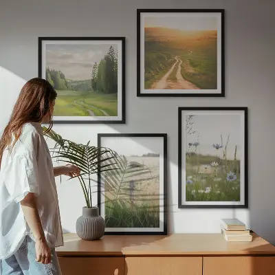 Landschappen met natuur en velden bij zonsondergang meerluik in lijst