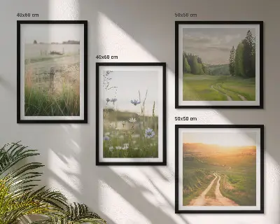 Landschappen met natuur en velden bij zonsondergang meerluik in lijst