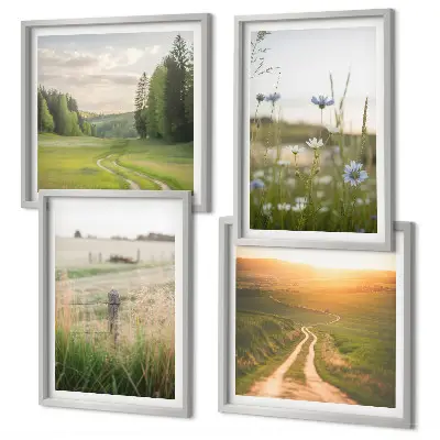 Landschappen met natuur en velden bij zonsondergang meerluik in lijst