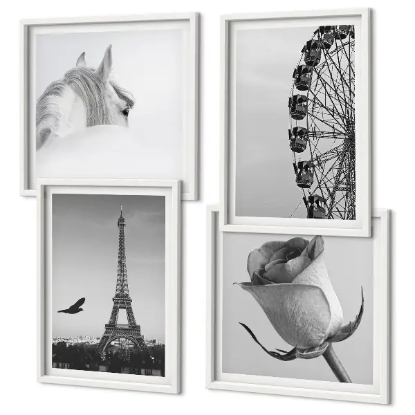 Set van posters met lijst met roze Eiffeltoren, paard en reuzenrad in zwart-wit