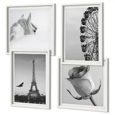 Set van posters met lijst Roze Eiffeltoren Paard Reuzenrad Zwart-wit