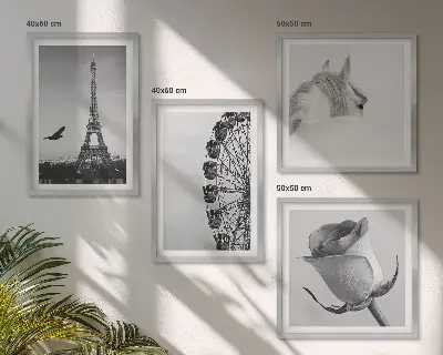 Set van posters met lijst met roze Eiffeltoren, paard en reuzenrad in zwart-wit