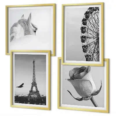Set van posters met lijst met roze Eiffeltoren, paard en reuzenrad in zwart-wit