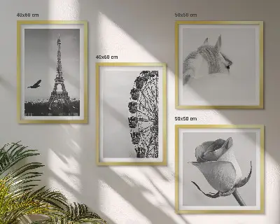 Set van posters met lijst met roze Eiffeltoren, paard en reuzenrad in zwart-wit