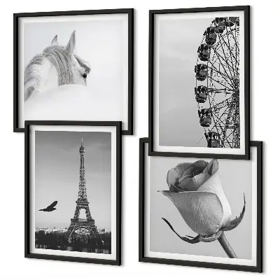 Set van posters met lijst met roze Eiffeltoren, paard en reuzenrad in zwart-wit