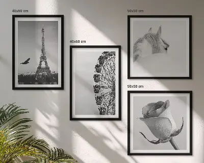 Set van posters met lijst met roze Eiffeltoren, paard en reuzenrad in zwart-wit