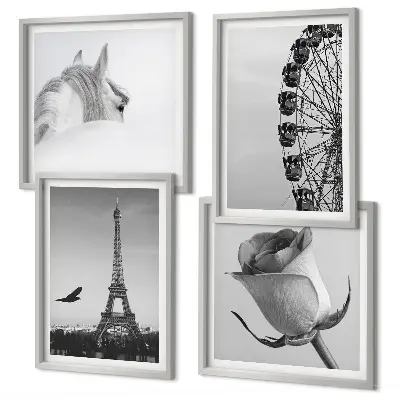 Set van posters met lijst met roze Eiffeltoren, paard en reuzenrad in zwart-wit