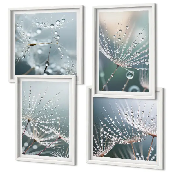 Waterdruppels op paardenbloemscheuten set van posters met lijst