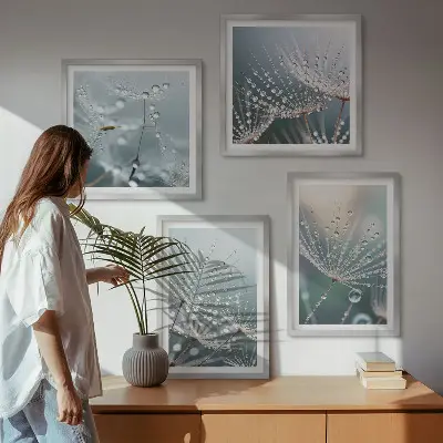 Waterdruppels op paardenbloemscheuten set van posters met lijst