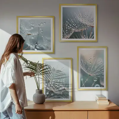 Waterdruppels op paardenbloemscheuten set van posters met lijst