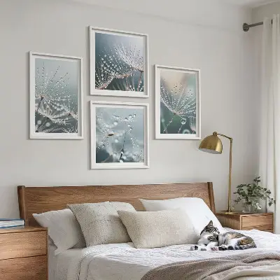 Waterdruppels op paardenbloemscheuten set van posters met lijst