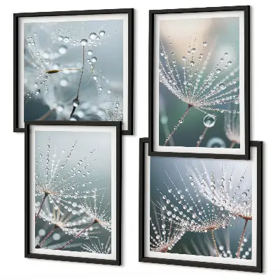 Waterdruppels op paardenbloemscheuten set van posters met lijst