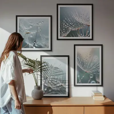Waterdruppels op paardenbloemscheuten set van posters met lijst