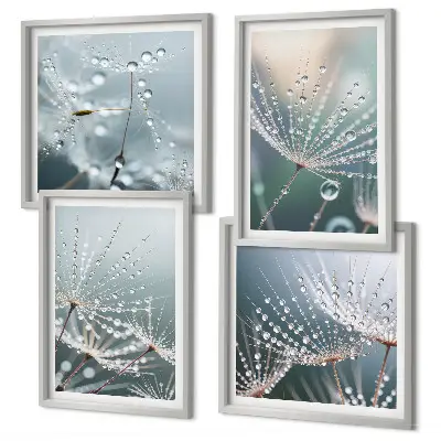 Waterdruppels op paardenbloemscheuten set van posters met lijst