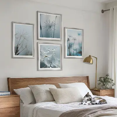 Paardenbloem met waterdruppels set van posters met lijst