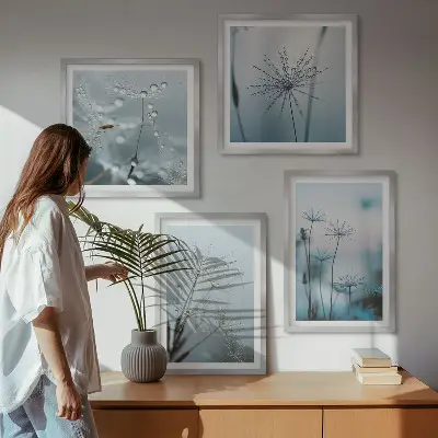 Paardenbloem met waterdruppels set van posters met lijst