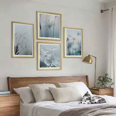 Paardenbloem met waterdruppels set van posters met lijst