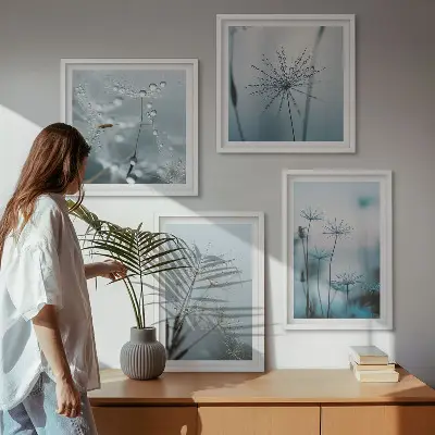 Paardenbloem met waterdruppels set van posters met lijst