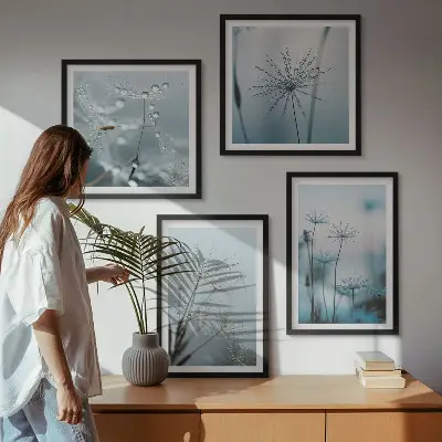 Paardenbloem met waterdruppels set van posters met lijst