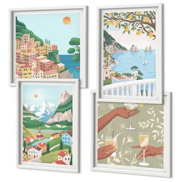 Pastelkleurige huizen aan zee set van posters met lijst