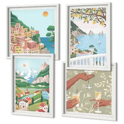 Set van posters met lijst Pastelkleurige huizen aan zee