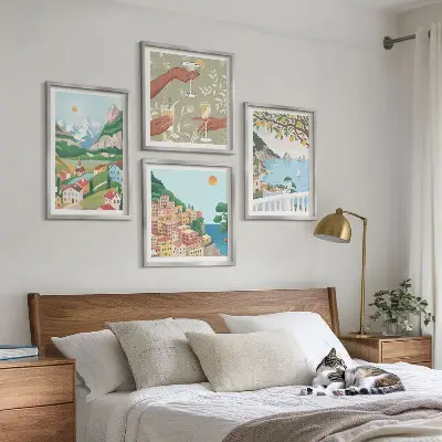 Pastelkleurige huizen aan zee set van posters met lijst