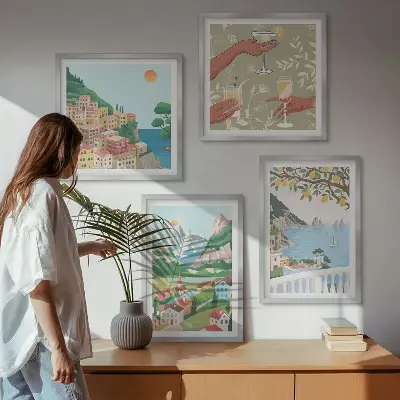 Pastelkleurige huizen aan zee set van posters met lijst