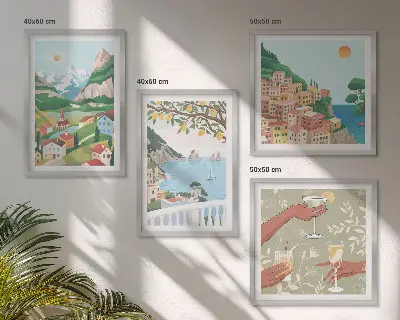 Pastelkleurige huizen aan zee set van posters met lijst