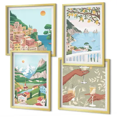 Pastelkleurige huizen aan zee set van posters met lijst