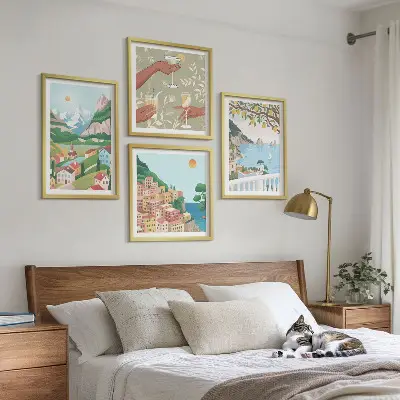 Pastelkleurige huizen aan zee set van posters met lijst