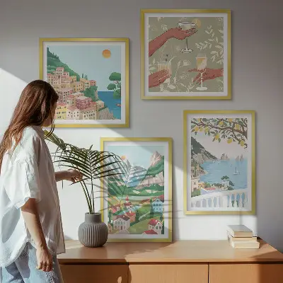 Pastelkleurige huizen aan zee set van posters met lijst