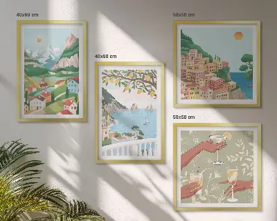 Pastelkleurige huizen aan zee set van posters met lijst