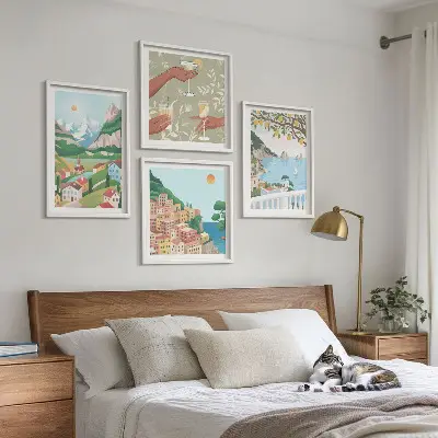 Pastelkleurige huizen aan zee set van posters met lijst