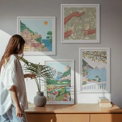 Pastelkleurige huizen aan zee set van posters met lijst