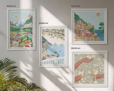 Pastelkleurige huizen aan zee set van posters met lijst