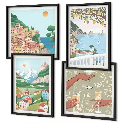 Pastelkleurige huizen aan zee set van posters met lijst