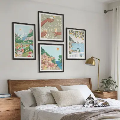 Pastelkleurige huizen aan zee set van posters met lijst