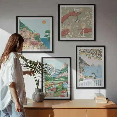 Pastelkleurige huizen aan zee set van posters met lijst