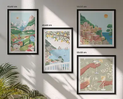 Pastelkleurige huizen aan zee set van posters met lijst