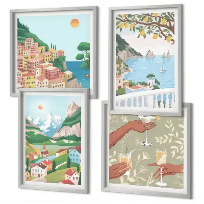 Pastelkleurige huizen aan zee set van posters met lijst