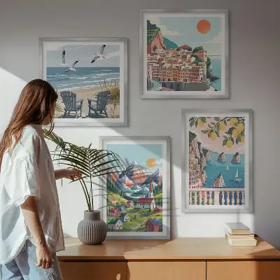 Kleurrijke bergen en kuststeden meerluik in lijst