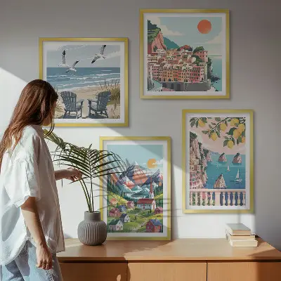 Kleurrijke bergen en kuststeden meerluik in lijst