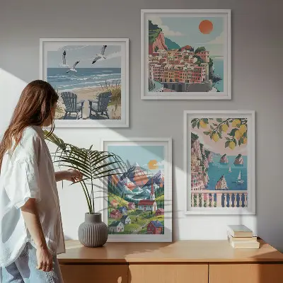 Kleurrijke bergen en kuststeden meerluik in lijst