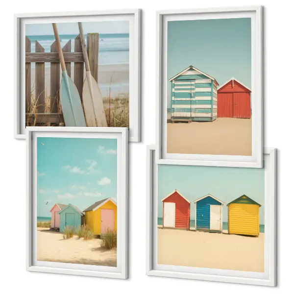 Set posters met lijst kleurrijke huizen aan het strand met zon