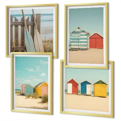 Set posters met lijst kleurrijke huizen aan het strand met zon
