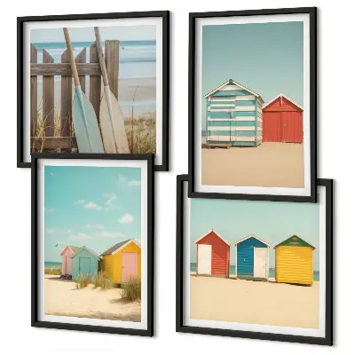Set posters met lijst kleurrijke huizen aan het strand met zon
